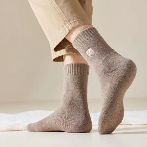 MiiOW Merino Wool Socks Men Cold Resistant Cashmere Long Sock Winter Thicken Heated Sock Snow Boots Retro Brown Warm Towel Socks