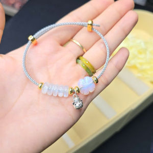 Q286 Vòng cáp ngũ điếu cỏ 4 lá Mặt Trăng Moonstone mix charm treo mèo Bạc cao cấp 925 cho Thủy và Kim - Phong Thuỷ TUDO P
