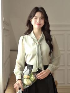 Spring French Blusas Simple Office Lady Chiffon Blouse Female Shirt Lace-Up Tops Casual Korean Loose Blouses Women