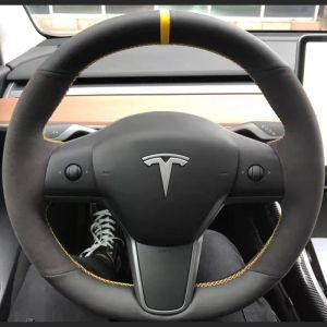 Kaly For Tesla Model 3 2015-2021 Model Y 2019-2021 auto parts Hand Stitched black white Genuine leather car steering wheel Cover 2B5Z7