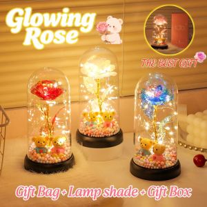 oldlaiben Romantic Night Light Lamp Glowing Bear with Eternal Roses Glass Bedroom Decor Creative Gift Birthday Hadiah