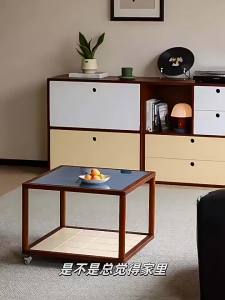 FFBH Solid Wood Coffee Table Retro Living Room Coffee Table Small Apartment Movable Solid Wood Edge Table Durable Home Furniture 7M5T2