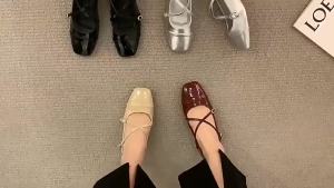 Chunky Heel Cross Silver Mary Jane Square Toe Pumps Womens Shoes 2024 Spring Festival Gala Gentle Flat Pumps㏇X0414