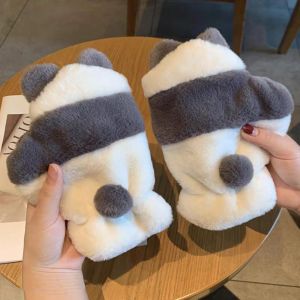 COVIEEZB Lót Lông Cừu Găng tay gấu trúc vải lông Màn hình cảm ứng Phong cách Hàn Quốc Găng Tay Nửa Ngón Mềm Dày Găng tay nhung mùa đông Nữ