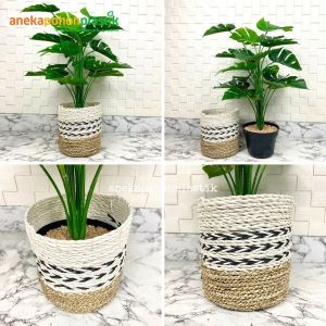 Pohon Hias Daun Monstera Tapak Gajah X18 Semi Latex Artificial Pot Dasar Plastik Cover Seagrass Tanaman Dekorasi Ruangan