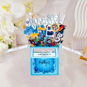 HI MIA Creative 3D Pop-up Greeting Card Handmade Blue Happy Fathers Day Card Surprise with Envelope Fathers Day Gift Home Ornaments