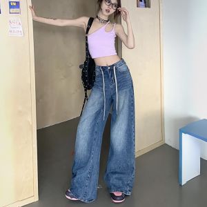 （S-6XL) High Waist Drawstring Baggy Jeans for Women – Plus Size Retro Wide Leg Denim Pants