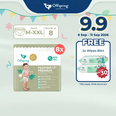 Offspring FeatherAir Premium Baby Diapers Pants M352/L304/XL256/XXL224 [8 Packs]
