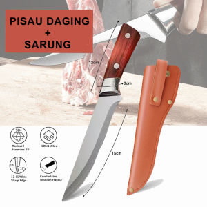 Pisau Boning Daging Profesional Tahan Karat dengan Sarung Kayu - Warna Merah