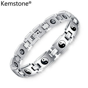 Kemstone 10MM Vintage Silver Plated Mens Religious Black Stone Titanium Steel Bracelet