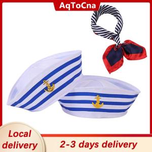 [COD] AqToCna Ship within 24 hours Women Small Square Scarf Sailor Cap Set Stewardess Striped Patchwork Satin Scarf With Carnival Christmas Striped Navy Sailor Cap
