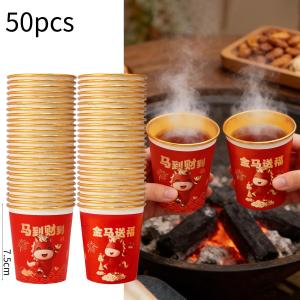 50Pcs 2026 Horse Year Disposable Paper Cup with Festival Cartoon Pattern Chinese New Year Gold Foil Thickened Drinking Tea Cup Anti-Scalding