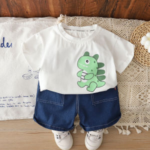 Kids Boys Clothes set 0‑5Y Cute Green Dinosaur Print T‑Shirt Dark Denim Shorts 2Pcs Baby Boys  Summer Casual Cotton Children Outdoor Outfit