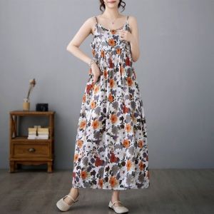 Korean Version Loose Printed Dress Long Slip Dress Women Temperament Elegant Floral Dress L4010