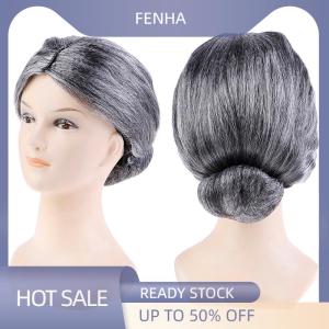 FENHA QR Old Lady Grandma Granny Grey Wig Bun Hair Grand Mother Fancy Dress Costume