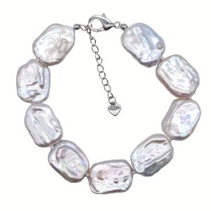 Baroque Pearl Bracelet Rectangular White Natural Freshwater Pearls And Adjustable Clasp Womens Fashion Bracelet