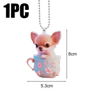 3PCS New Cute Teacup Chihuahua Acrylic Plane Pendant Creative Keychain Backpack Decoration Car Rear View Mirror Decor Accessories