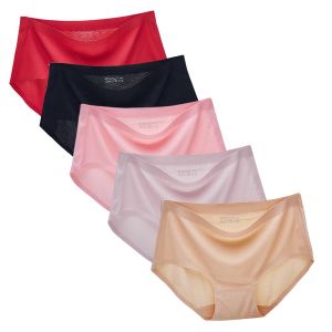 5PCS Plus Size Underwear Womens Ice Silk Seamless Middle Waist Panties Comfortable Underpants Female Briefs M-XXL