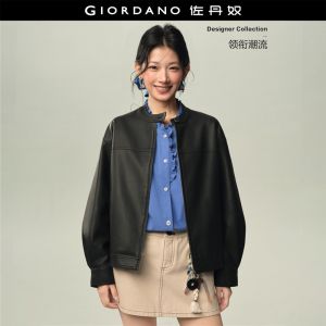 GIORDANO Women Jackets Seam Detail PU Leather Jackets Round Neck Zip Front Fashionable Casual Relaxed Jackets 18376614