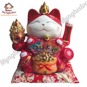 Mèo thần tài vẫy tay Hồng phúc tề thiên màu đỏ cao 28cm loại lớn mèo thần tài vẫy tay may mắn