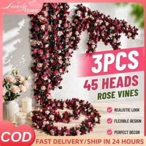 Artificial Rose Vine Garland Set Silk Flower Rattan Realistic Flexible Diy Wedding Party Wall Decor