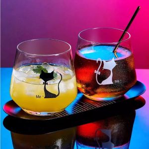 【Fans tone】 Cute Printed Cat Design Couple Glass Cup Light and Shadow High Borosilicate Lead-free Water Cup Breakfast Cup Brushing Cup Milk Juice Coffee Cup
