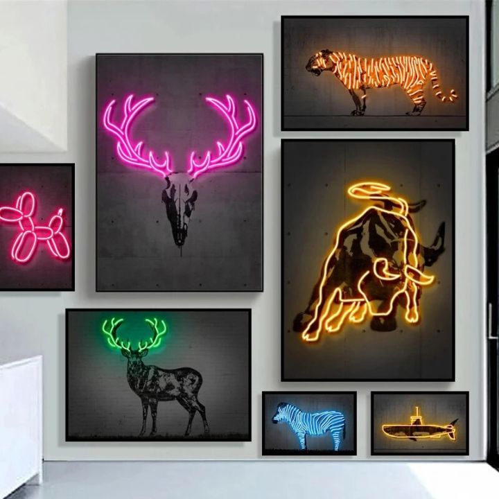 Neon Wall Art Balloon Dog Zebra Bull Deer Canvas Painting Animal ...