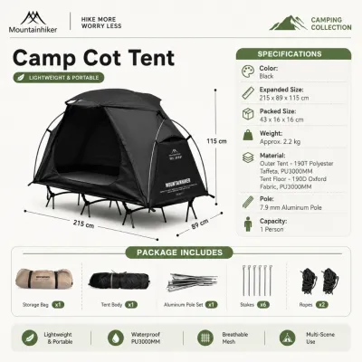 Mountainhiker Floating Island Cot Net Single Person Camping Tent Solo Camp Mosquito Net Lightweight Portable Military Cot Bed PU3000mm 190T Polyester
