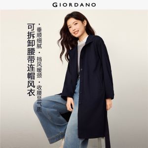 Giordano Beau Monde Women Belted waist hooded long trench coat Free Shipping 13376791