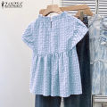 ZANZEA Women Summer Casual Crew Neck Blouses Cap Sleeve Plaid Printed Girlish Thin Top #0428. 