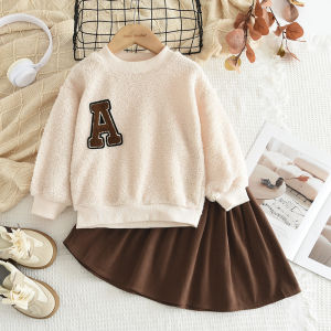 Gấu Lãnh Đạo phong cách Hàn Quốc 2 Mảnh Bộ quần áo Cho bé gái Mùa Thu Nhân Tạo Lamb Thư Một Sweatershirt Và Nâu Pleate Váy Phù Hợp Với Trẻ Em Hợp Thời Trang Quần Áo Trang Phục 3-7 Năm