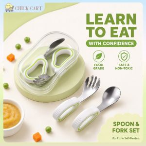 Baltra Baby Spoon Fork Set Silicone Grip Stainless Steel Toddler Self Feeding Training Anti Slip Easy Clean Tableware