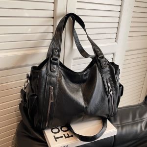 Large Capacity Soft Waterproof Underarm Tote Bag Travel PU Shoulder Bag Retro Locomotive Style Multi-compartment handbag