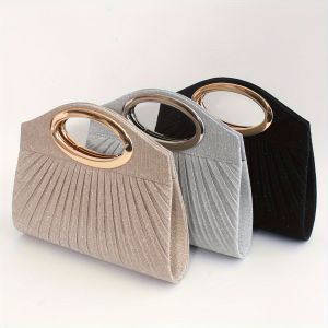 Elegant Solid Color Pleated Handbag For Women Made Of Lightweight Polyester With Magnetic Closure Featuring A Delicate Golden Circular Handle Shiny Single Shoulder Strap With Chain For Crossbody Wear.