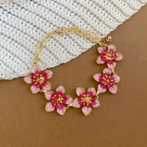 RANZH Pink Dripping Five-leaf Flower Bracelet Floral Jewelry Fashion Hand Chain Trendy Adjustable Dripping Flower Bracelet Summer Vacation Style