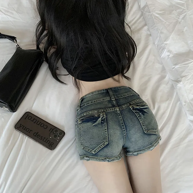 Asian Hot Denim shorts women's American style spicy low-waisted summer new  slim fit and thin bag hip hot pants