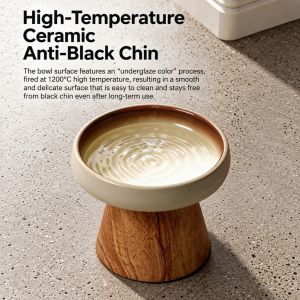 GENENIC Wood Base Ceramic Cat Bowl Raised Large Caliber Cat Food Bowl Dog Bowl Neck Protection Elevated Cat Bowl Indoor Pets