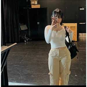 Atasan wanita Blouse Korean Scop Neck Rib with Button Crop Top