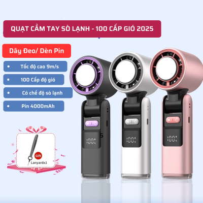 Quạt Cầm Tay Sò Lạnh HANDHELD FAN - 100 Cấp Gió, Màn HÌnh Led Có Dây Đeo Và Đèn Pin, Pin 4000mAh