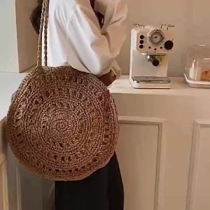 Yogodlns Bohemian Hollow Straw Shoulder Bags for Women Circle Beach Summer Woven Travel Totes Bag