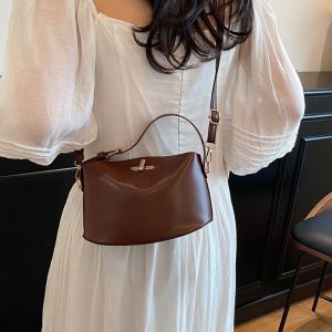 LANGJ สง่างาม กระเป๋าสะพาย สายรัดปรับได้ นุ่มนวล กระเป๋าแฟชั่น ทันสมัย ผ้าสีพื้น กระเป๋าถัง ใช้ในชีวิตประจำวัน