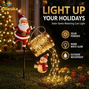 Allieuka Solar Santa Claus Watering Can Garden Stake Light Warm White LED Fairy String Waterproof Decor
