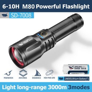 【10000LM】Smiling Shark LED Torch Light SD7008 Super Bright M80 Strong Bright Powerful Flashlight 26650 Rechargeable Zoomable Touch Light Lont Shot Waterproof Outdoor Hiking Fishing Searching Repairing Emergency Lighting Type-c Charging Long Battery Life