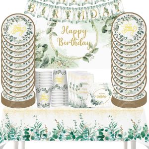 อุปกรณ์ปาร์ตี้ใบยูคาลิปตัส ตกแต่งงานเลี้ยงวันเกิด จานกระดาษ แบนเนอร์ ถ้วยกระดาษ ผ้าขนหนู ผ้าปูโต๊ะ เครื่องใช้บนโต๊ะอาหารแบบใช้แล้วทิ้ง