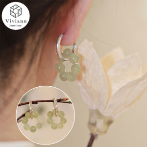 Viviann Original Unique S925 Sterling Silver  Green Jade Round Hoop Earrings For Women Vintage Elegant Earclip Earrings Statement Jewelry 925 Sterling Silver Color Stud Earring Ear Piercing Jewelry
