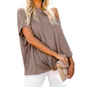 Womens Short Batwing Sleeve Cold Shoulder Irregular Shirt Blouse Elegant Twist Knot Front Asymmetrical Loose Plain Top