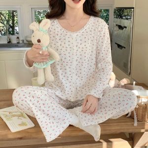 ชุดนอนผ้าฝ้ายแขนยาวสตรีฤดูใบไม้ผลิฤดูใบไม้ร่วงหวานๆสไตล์อินชุดชุดสูท2ชิ้นสำหรับใส่ในบ้านชุดนอนฉบับภาษาเกาหลีหวานๆใส่ด้านนอกได้