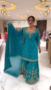 [PRE-ORDER] Ready Made Pure Heavy Natural Crepe Silk With Moti Work Embroidery Work Suit (10-15days delivery)