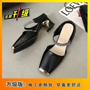 [Free Shipping] Versatile Sandals For Skirts Summer New Style Rhinestone One-Strap Square-Toe Mid-Heel Closed-Toe Half-Slipper For Women