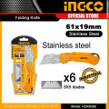 INGCO HUK6288  Folding Knife Blade Cutter 61x19mm with 6pcs SK5 Blades IHT. 